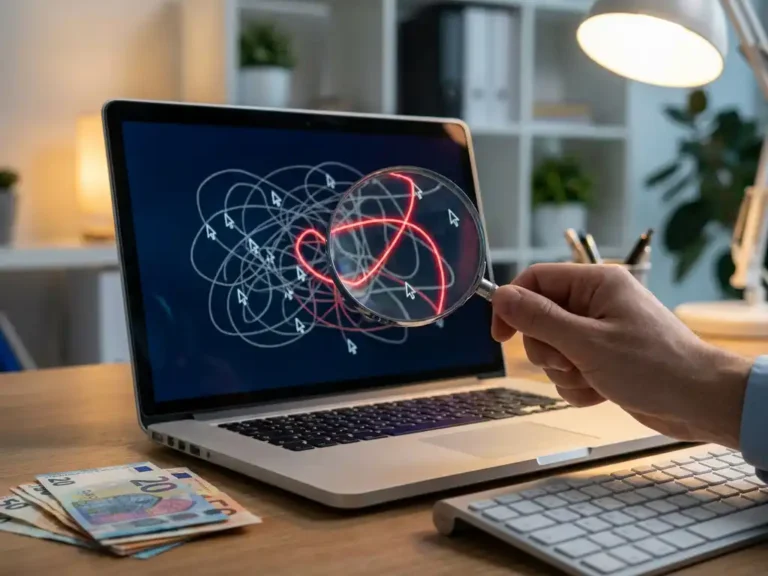 Lupe über Laptop-Bildschirm mit verdächtigen Cursor-Pfaden, ein roter Pfad hervorgehoben, Euroscheine neben der Tastatur sichtbar.