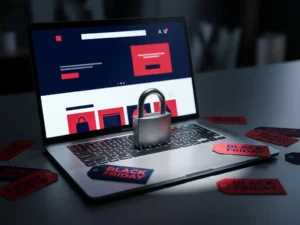 Laptop mit E-Commerce-Shop und Vorhängeschloss auf der Tastatur, umgeben von Black-Friday-Preisschildern in Navy und Rot.