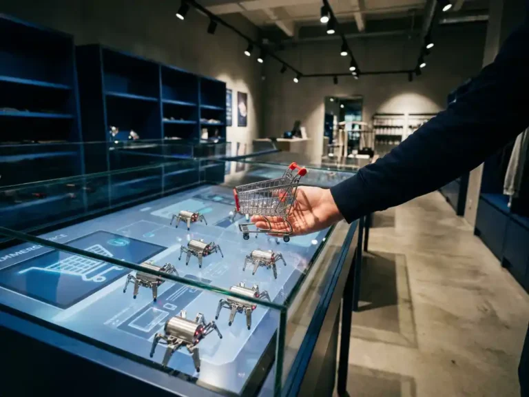 Mechanische Spinnen-Bots schwärmen über ein leuchtendes E-Commerce-Display, während eine Hand einen kleinen Einkaufswagen schützt.