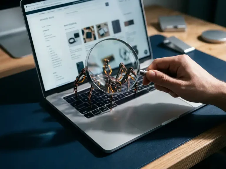 Lupe über Laptop mit E-Commerce-Shop enthüllt mechanische Spinnenarme – Symbol für Bot-Bedrohungen im Online-Handel.