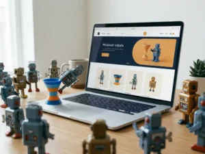 Laptop mit E-Commerce-Shop auf dem Schreibtisch, umgeben von aufgezogenen Spielzeugrobotern, die einen kleinen Trichter umstoßen.