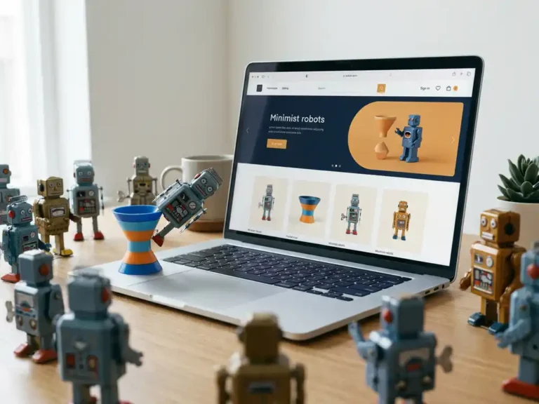 Laptop mit E-Commerce-Shop auf dem Schreibtisch, umgeben von aufgezogenen Spielzeugrobotern, die einen kleinen Trichter umstoßen.