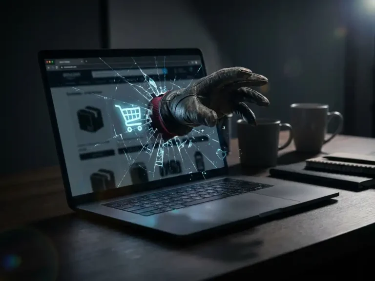 Behandschuhte Hand bricht durch rissigen Laptop-Bildschirm zu leuchtendem Warenkorb-Symbol auf E-Commerce-Seite.