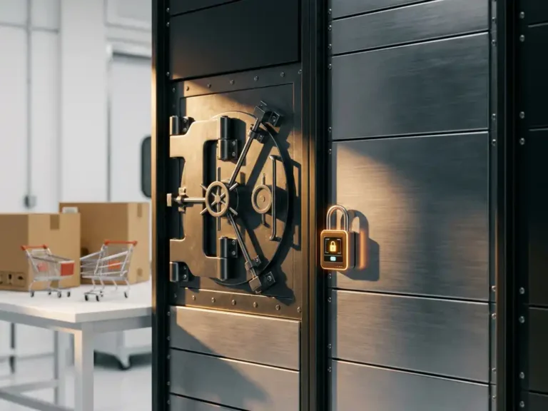 Stählerne Tresortür in modernem Server-Rack mit leuchtendem Bernstein-Vorhängeschloss, symbolisiert E-Commerce-Sicherheit.