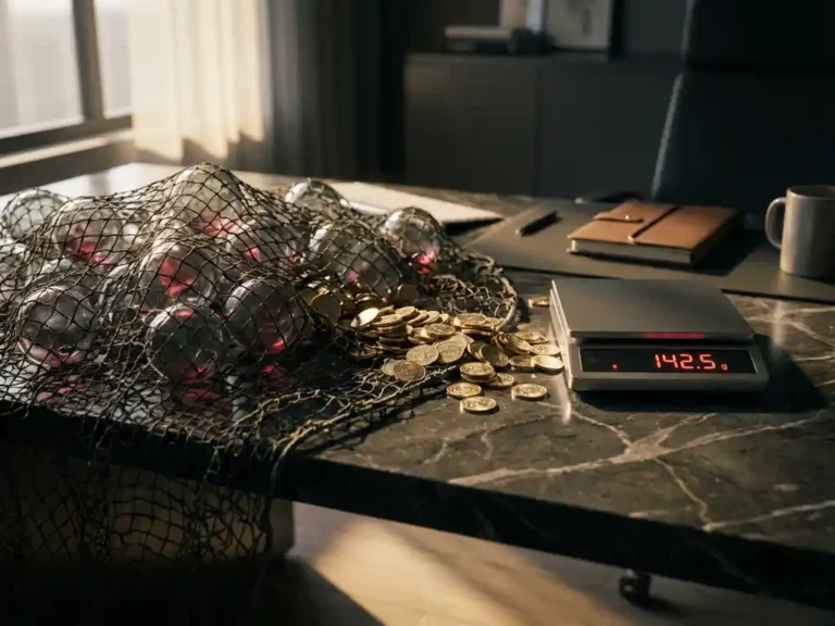 Fischernetz mit geisterhaften Hohlkugeln verunreinigt einen Goldmünzenstrom, der zu einer digitalen Waage fließt, auf dunklem Marmor.