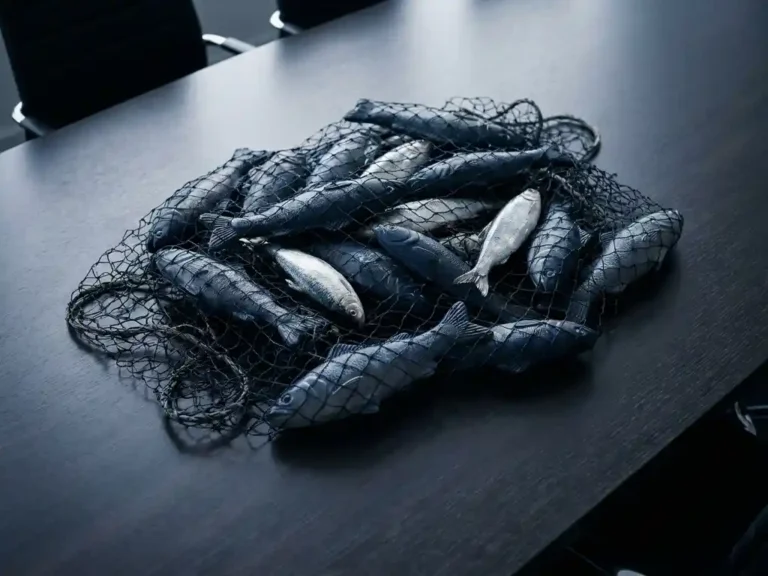Fischernetz mit Plastik-Attrappen und echten Silberfischen auf dunklem Konferenztisch, Symbol für kontaminierte B2B-Lead-Pools.