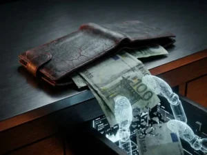 Aufgerissene Geldbörse mit herausfallenden Euro-Scheinen, umgeben von roboterhaften Fingerabdrücken in dunkler digitaler Umgebung.