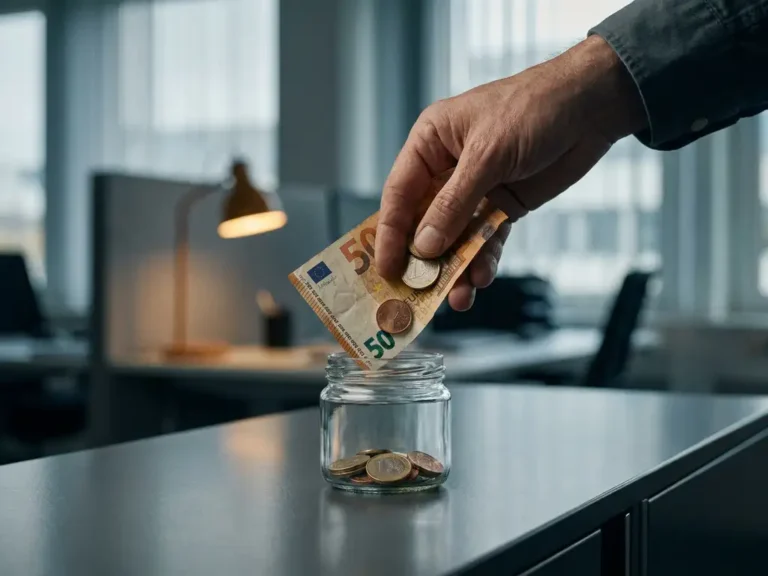Zerknüllter Euroschein gleitet durch eine Hand über einen modernen Schreibtisch, darunter ein Glas mit wenigen Münzen.