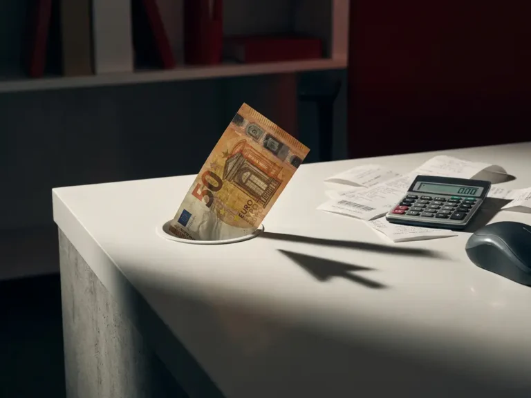 Zerknitterter Euro-Geldschein, der durch ein Loch in einem weißen Schreibtisch verschwindet, mit Quittungen und Taschenrechner daneben.
