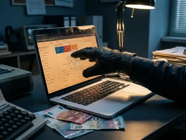 Behandschuhte Hand greift durch gebrochenen Laptop-Bildschirm auf Google Ads Dashboard, Euroscheine unter Tastatur, düsteres Büro.