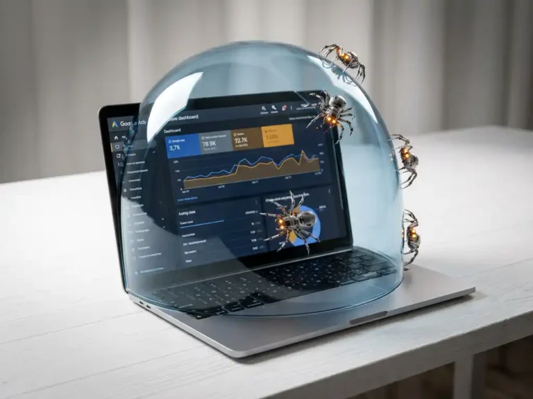Laptop mit Google Ads Dashboard unter einer Glasglocke, kleine mechanische Spinnen von der Oberfläche abgehalten, silberne und marine Farbtöne.