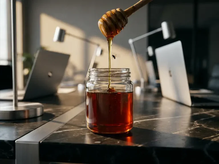 Goldener Honig tropft von einem Holzlöffel in ein Glasgefäß auf schwarzem Marmor, eine Fliege schwebt knapp über der Oberfläche.