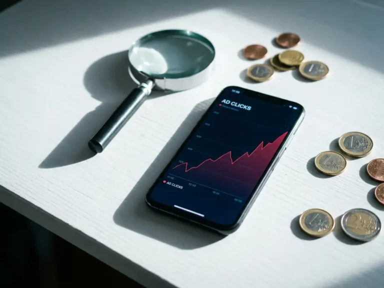 Smartphone mit Klick-Betrug-Analyse-Spike auf weißem Schreibtisch, daneben Lupe und verstreute Euromünzen als Symbol für verschwendetes Werbebudget.