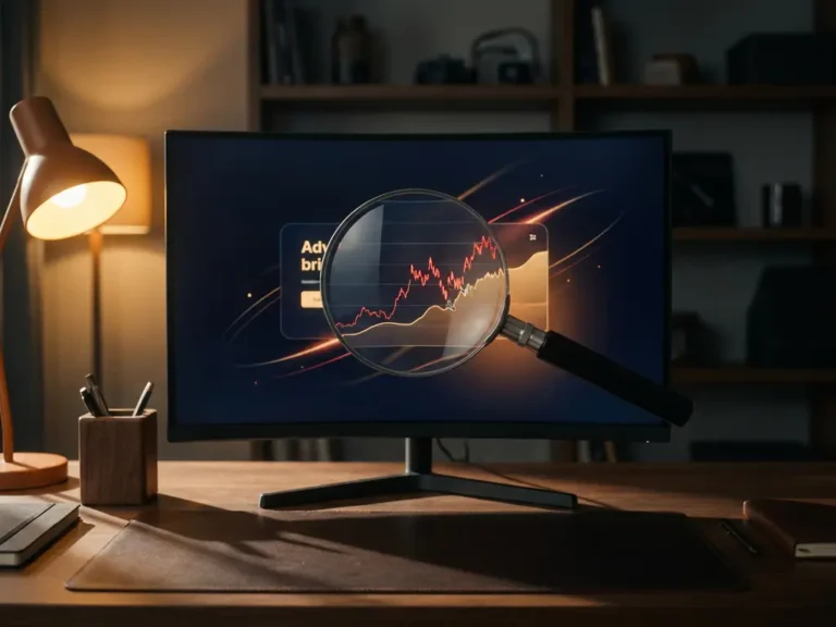 Lupe über einem Monitor mit Produktwerbung zeigt anomale Klickmuster, dramatische Beleuchtung in Marineblau und Bernstein mit roten Akzenten.