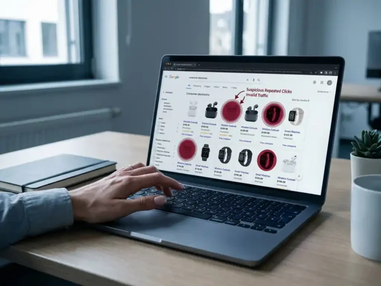 Marketingmanager-Hand über Laptop-Tastatur, Google-Shopping-Produktraster mit rot markierten verdächtigen Klicks auf dem Bildschirm.