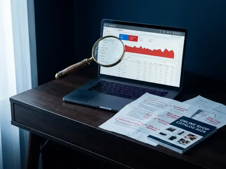Lupe über Laptop mit Google-Ads-Analysen, verdächtige Klickmuster auf Ausdrucken, Online-Shop-Katalog auf modernem Schreibtisch.