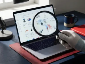 Lupe über Laptop-Bildschirm mit Google Shopping-Produktraster, sichtbare Klickmuster unter der Linse, dramatische Seitenbeleuchtung.