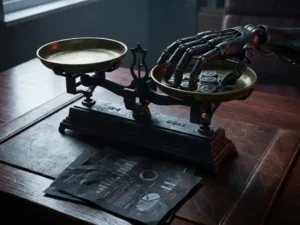 Schiefe Auktionswaage mit roboterhaften Händen, die Gebotsmarken manipulieren, auf dunklem Schreibtisch mit Kampagnenberichten.