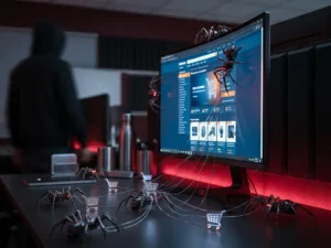 Mechanische Spinnen kriechen über einen leuchtenden E-Commerce-Produktseite auf einem Monitor und verfangen Warenkorb-Icons in metallischen Fäden.