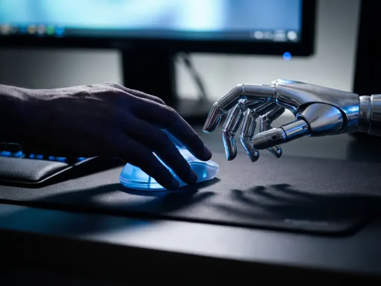 Menschliche Hand und robotische Chromhand konkurrieren um eine leuchtende Computermaus auf einem dunklen Schreibtisch.