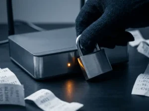 Behandschuhte Hand legt ein Vorhängeschloss auf einen Netzwerk-Router, umgeben von IP-Adressen-Ausdrucken auf dunklem Schreibtisch.