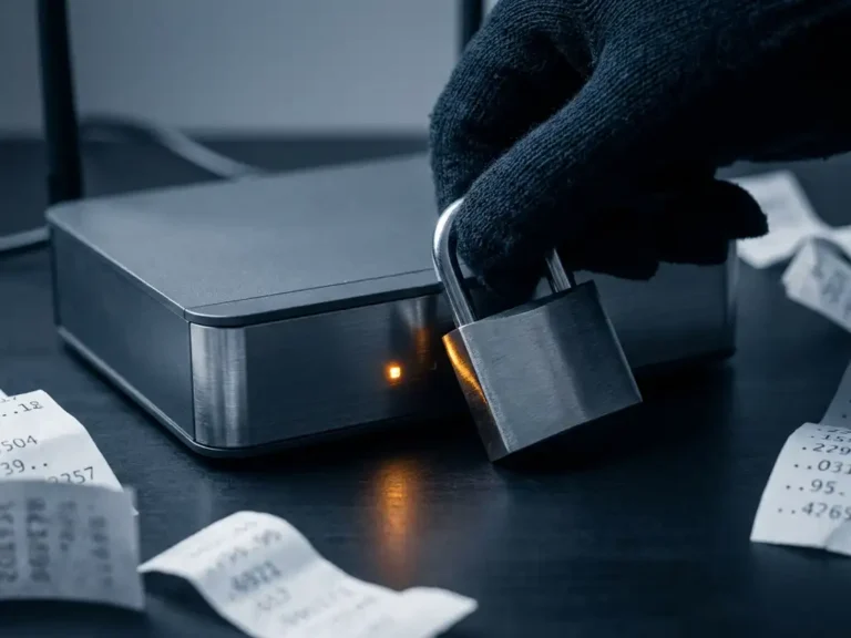 Behandschuhte Hand legt ein Vorhängeschloss auf einen Netzwerk-Router, umgeben von IP-Adressen-Ausdrucken auf dunklem Schreibtisch.