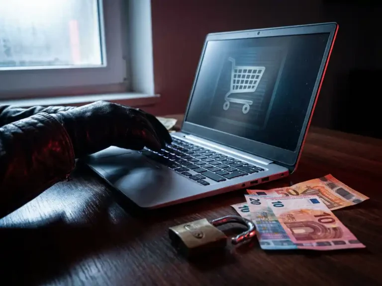 Schattenhafte Hand über leuchtendem Laptop mit digitalem Warenkorb, umgeben von Euroscheinen und gebrochenem Vorhängeschloss auf dunklem Schreibtisch.