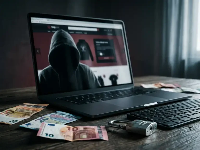 Vermummte Gestalt vor Laptop mit Online-Shop, umgeben von Euro-Scheinen und gebrochenem Vorhängeschloss – Symbol für Internetbetrug.