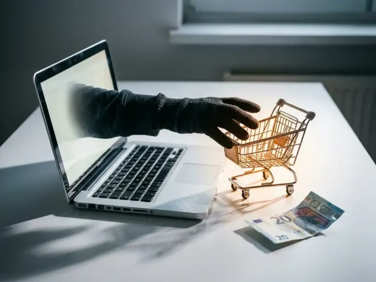 Behandschuhte Hand greift durch Laptop-Bildschirm nach leuchtendem Warenkorb, zerknüllter Euroschein daneben – Online-Betrug Konzept.