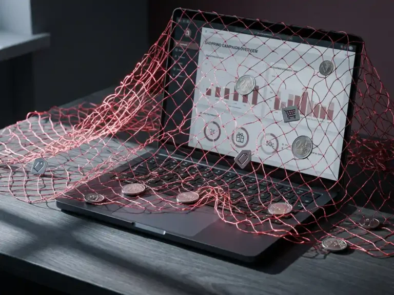 Leuchtendes rotes Fischernetz über einem Laptop mit Shopping-Dashboard, verstreute Euromünzen und Produktsymbole im Maschenwerk, dramatische Seitenbeleuchtung.