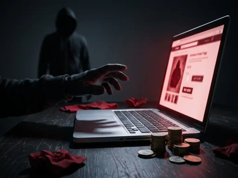 Schattenhafte Hand greift nach leuchtendem E-Commerce-Produktfenster auf Laptop, daneben schrumpfende Euromünzen-Stapel.