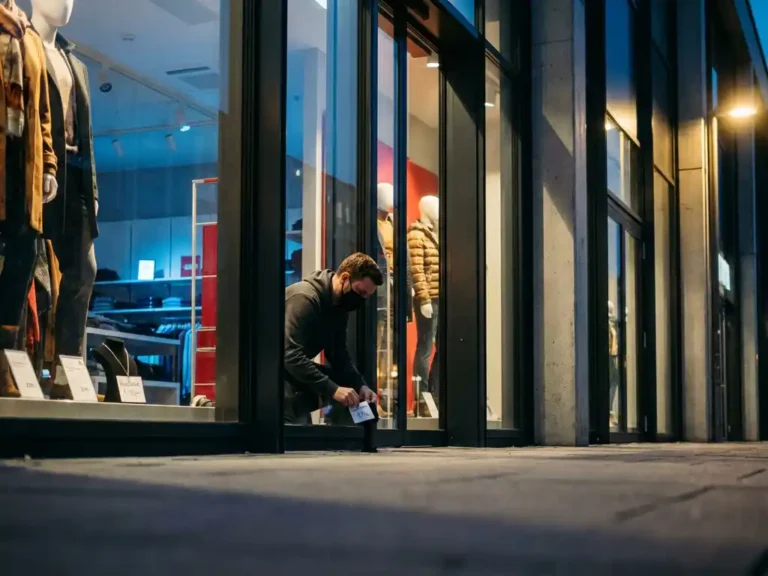 Maskierte Person in dunklem Hoodie tauscht Preisschilder an einem Schaufenster in modernem deutschen Einzelhandelsgeschäft aus.