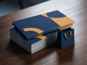 Gestapelte Produktwerbekarten auf modernem Schreibtisch mit versetzter oberer Karte, kleiner Einkaufstasche, Navy-Blau und Bernsteintönen.