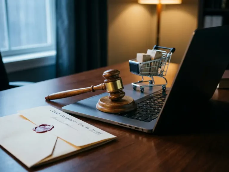 Holzhammer eines Richters auf Laptop-Tastatur neben Rechtsdokument und Einkaufswagen-Figur, symbolisiert E-Commerce-Recht.