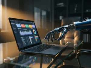 Mechanische Roboterhand über einem Laptop mit Google-Ads-Analysen auf einem Glasschreibtisch, dramatische Bernsteinlicht-Schatten.