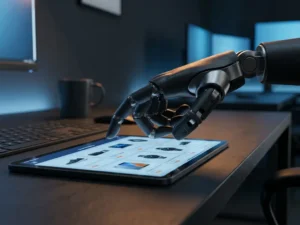 Roboterhand verdeckt beleuchtetes E-Commerce-Schaufenster mit Produktlisten in düsterem digitalen Arbeitsbereich.