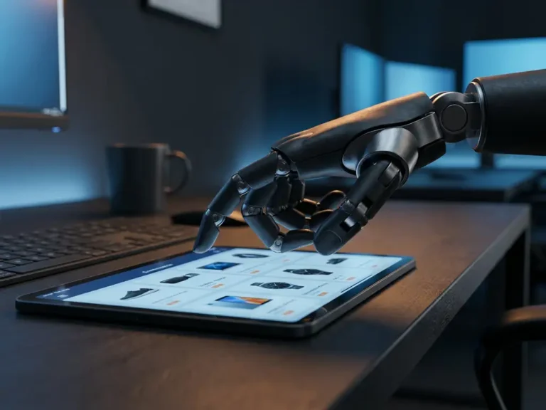 Roboterhand verdeckt beleuchtetes E-Commerce-Schaufenster mit Produktlisten in düsterem digitalen Arbeitsbereich.