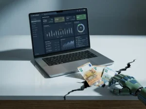 Laptop mit SaaS-Dashboard auf weißem Schreibtisch, während Euroscheine in einen dunklen Riss verschwinden, mechanische Hand am Rand sichtbar.