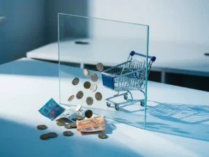 Glasschild auf weißem Schreibtisch schützt Einkaufswagen vor fliegenden Euro-Münzen und Geldscheinen.