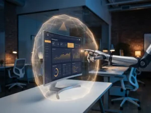 Transparenter digitaler Schutzschild blockiert mechanischen Bot-Arm vor einem leuchtenden Marketing-Dashboard im modernen Agentur-Büro.