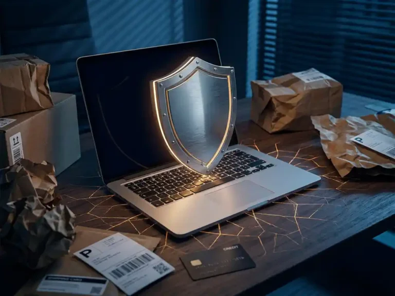 Stahlschild über Laptop-Tastatur mit Kreditkarte und Produktverpackungen, symbolisiert E-Commerce-Betrugsschutz.