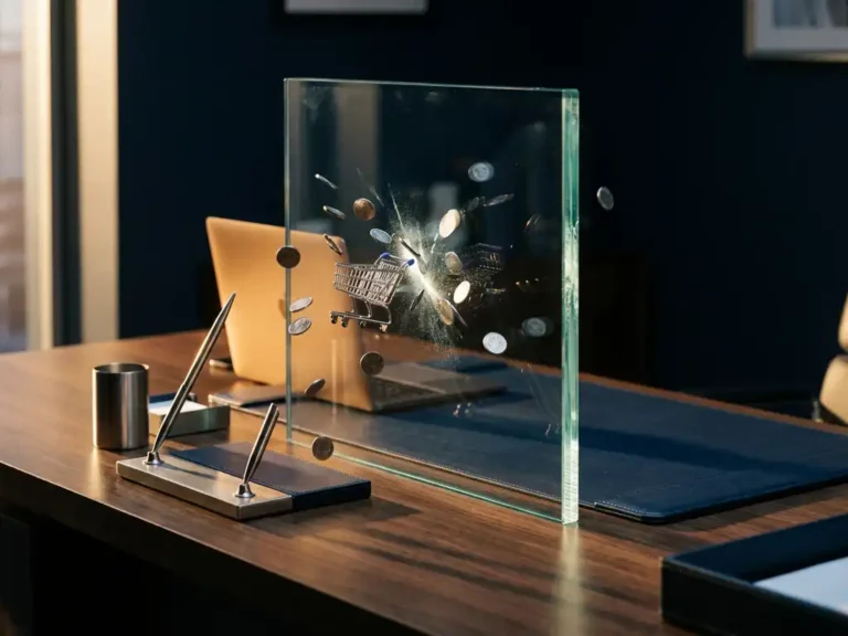 Glasschutzschild auf modernem Schreibtisch deflektiert Münzen und Einkaufswagen-Miniaturen, Laptop im Hintergrund, B2B-Umgebung.