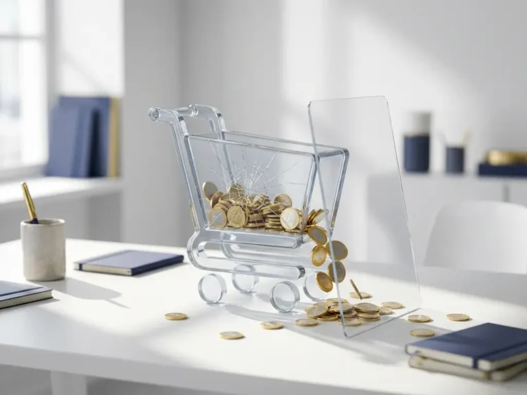Digitaler Einkaufswagen mit Rissen, aus dem Goldmünzen auf einen weißen Schreibtisch fallen, mit Schutzschild und Euro-Münzen.