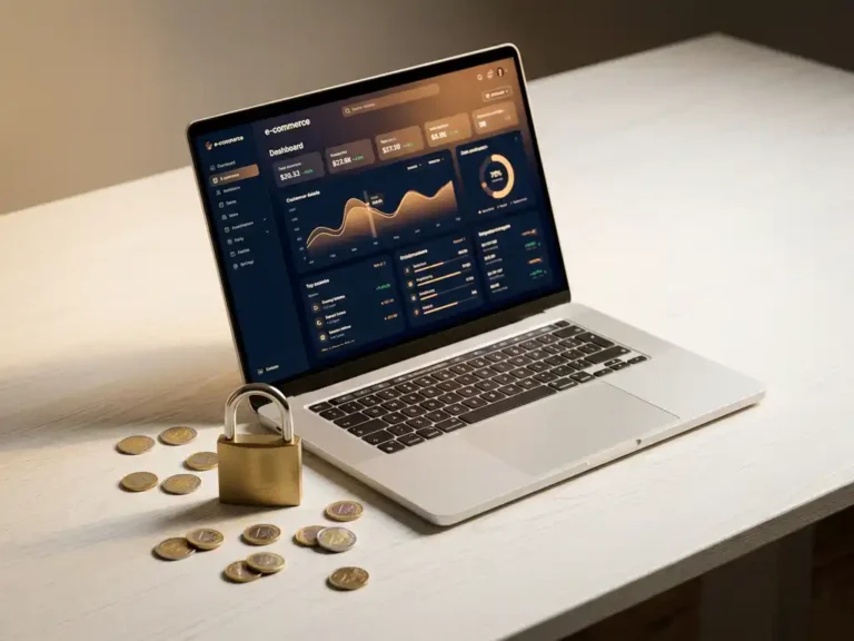Laptop mit E-Commerce-Dashboard auf weißem Schreibtisch, Vorhängeschloss und Euromünzen als Symbol für Anzeigenschutz und Werbebudget.