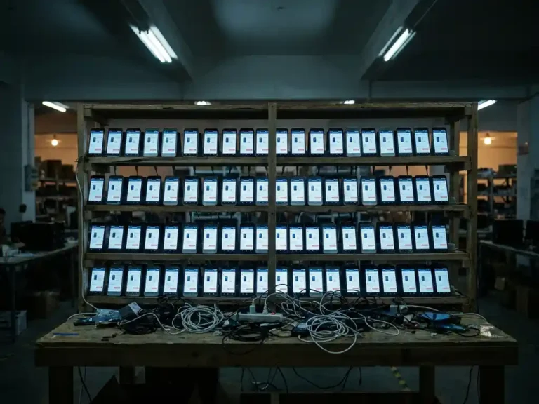 Zahlreiche günstige Smartphones in einem Holzregal zeigen identische E-Commerce-Seiten, verknäulte Ladekabel auf einem Tisch in einem Lager.