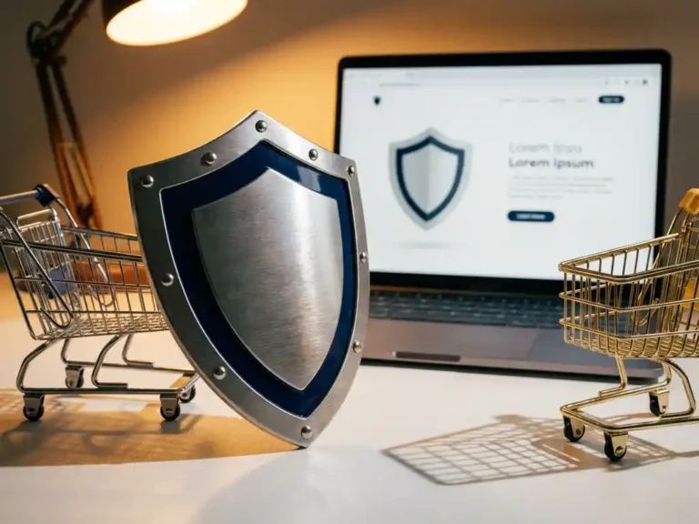 Stahlschild auf weißem Schreibtisch mit Einkaufswagen-Requisiten und Laptop, symbolisiert E-Commerce-Sicherheit im warmen Licht.