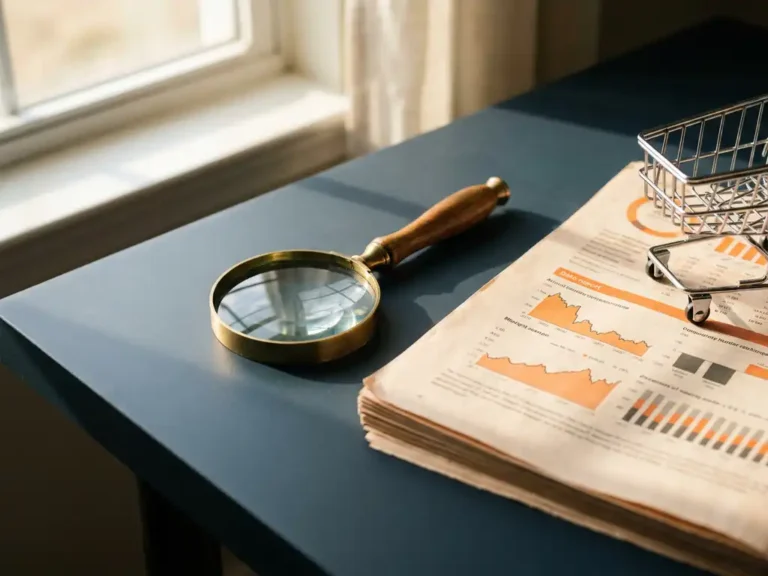 Lupe auf modernem Schreibtisch neben Analytics-Bericht mit Traffic-Grafiken und kleinem Einkaufswagen, natürliches Fensterlicht.