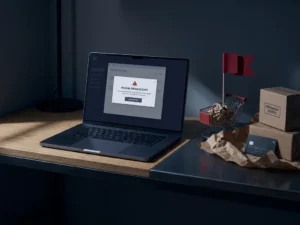 Laptop-Bildschirm mit verdächtiger Bestellbenachrichtigung, roter Warnflagge, Kreditkarte und Produktverpackungen auf dem Schreibtisch.