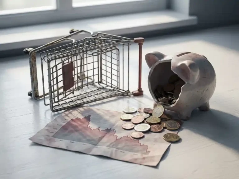 Leerer Einkaufswagen neben zerbrochener Spardose mit Euromünzen auf Leistungsdiagramm, symbolisiert sinkende E-Commerce-Umsätze.