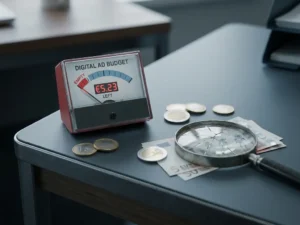 Leere digitale Werbebudget-Anzeige auf modernem Schreibtisch mit verstreuten Euromünzen und gesprungener Lupe, die Bot-Schatten enthüllt.